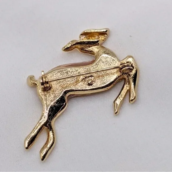 Liz Claiborne Christmas Brooch Pin Vintage Deer Rudolf MOP Crackle Estate - Picture 3 of 7
